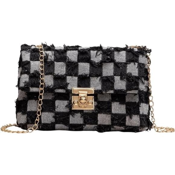 Women's Distressed Denim Crossbody Bag Twist Lock Black - Picture 1 of 6